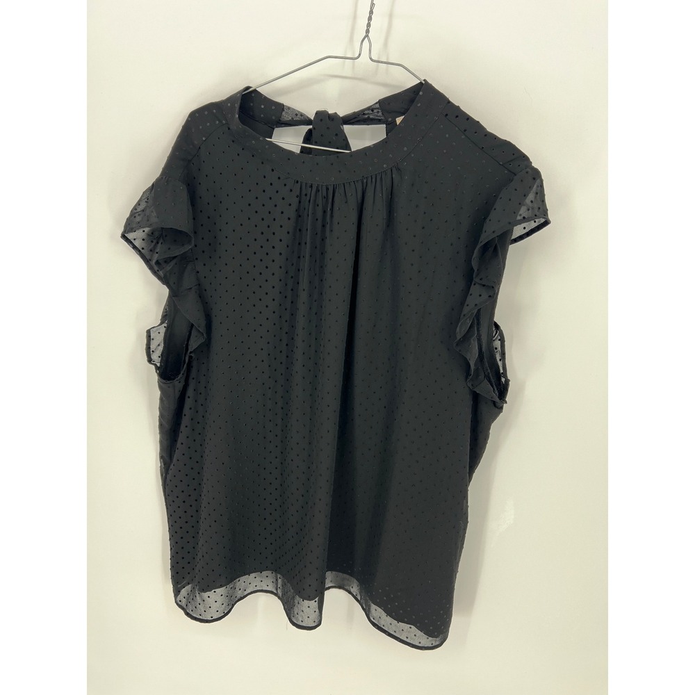 Les Serein Womens Blouse Swiss Dot Ruffle Sleeve Black L